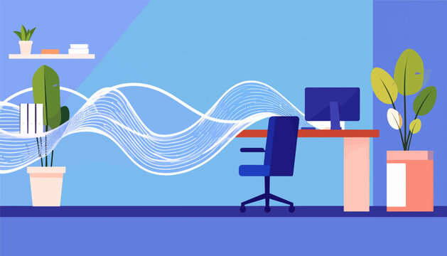 Minimalist office with plants, desk, chair, computer, and wave pattern