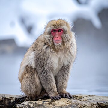 Macaque sitting on a rock with a snowy background