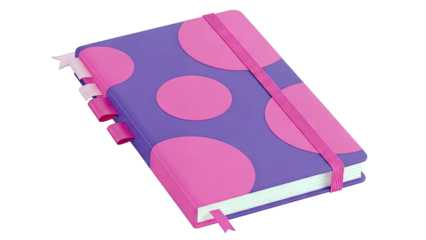Purple and pink polka dot notebook with elastic closure and ribbons