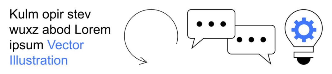 Obraz premium Communication, brainstorming, innovation, workflow, teamwork, idea generation. Circular arrow, conversation bubbles light bulb with a gear. Communication and brainstorming concept