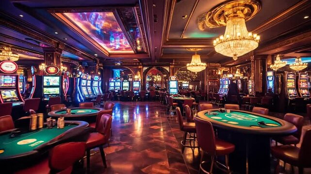 Lavish casino interior, adorned with chandeliers, slot machines, and poker tables. Lit with warm tones, elegant and inviting