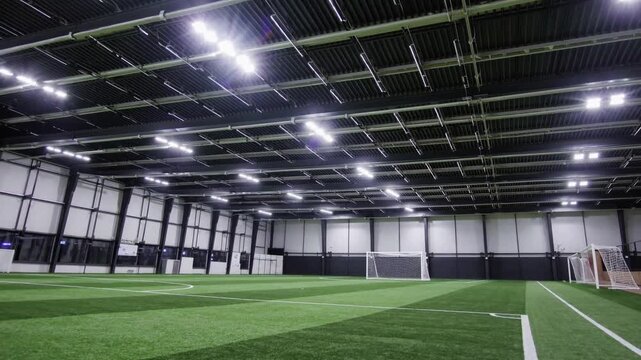 Indoor soccer practice takes place in modern facility with bright lights and artificial turf