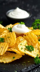 Close-up of ridged potato chips with creamy dip and parsley, set against dark background