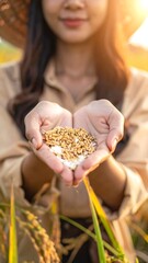 Woman holds grain in cupped hands in a field, wearing a hat, sunlight filtering through