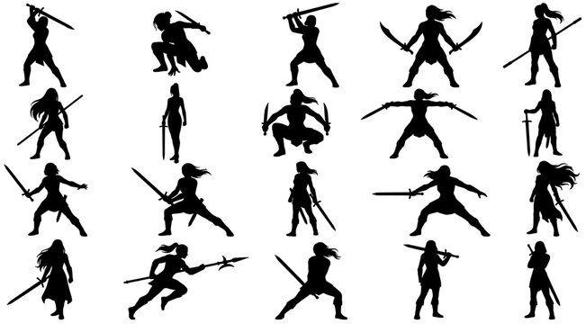 Fantasy warrior silhouettes showing a large group of male and female characters in different battle stances with swords, spears, and ranged weapons.