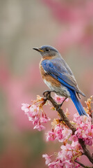 Fototapeta premium Iridescent Bluebird Singing Among Pink Cherry Blossoms Morning Mist
