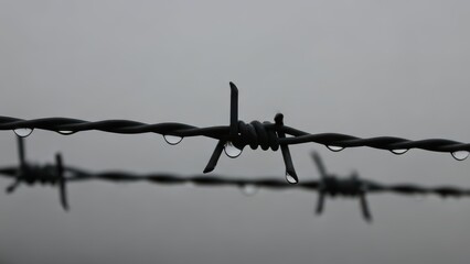 Close-up of raindrop-laden barbed wire against cloudy sky capturing atmosphere and isolation