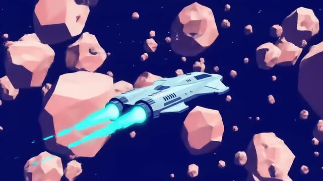 Spacecraft Navigating Through Asteroid Field Animation.
