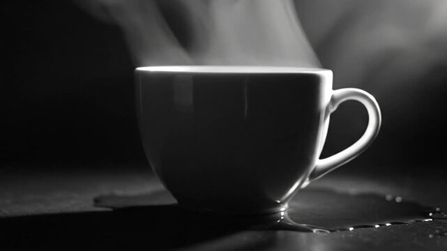 Black and white shot of coffee being poured into a white cup and spilling over on a dark surface with steam