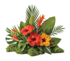 Vibrant Tropical flowers and a stunning Floral arrangement featuring beautiful Hibiscus, elegant Palm leaves, and unique Monstera, perfect for exotic decor.