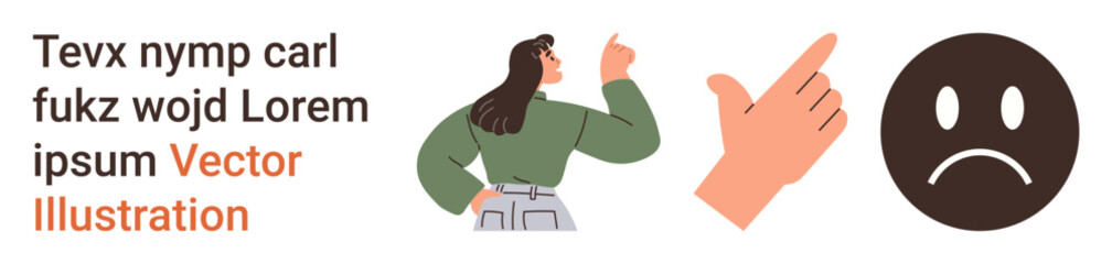 Obraz premium Communication, emotions, disagreement, body language, conflict, expressions. Woman pointing with a stern pose, hand gesture sad face. Communication and emotions in human interaction concept