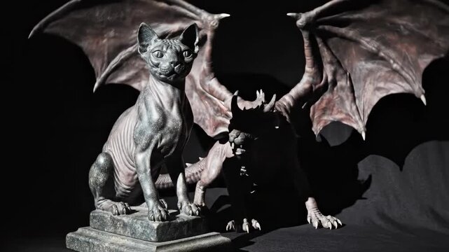 Stone cat statue with shadow and demon behind it