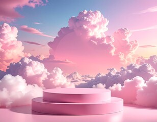 Two-tiered pink platform amidst fluffy, cotton-candy clouds in a dreamy, pastel sunset sky