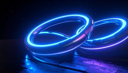 Neon blue and pink light painting with swirling loops and circular trails on dark reflective surface, long exposure photography creates vibrant abstract motion and dynamic visual energy.