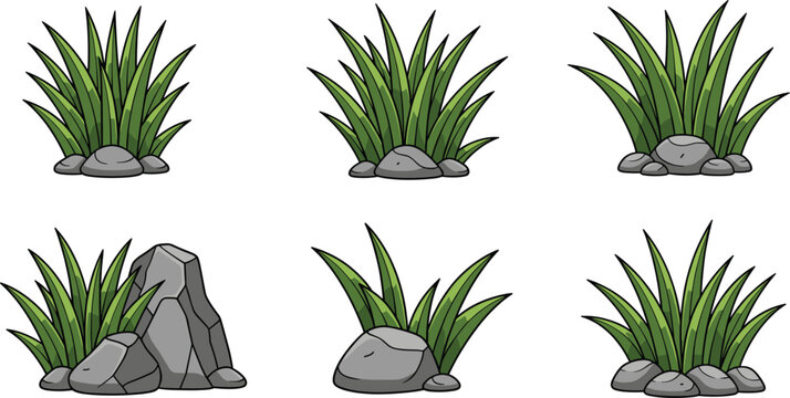Cartoon grass and stone elements vector set with green plants and rocks for landscape game and nature design