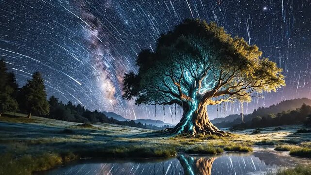 Star trails arc over a lone tree by a tranquil pond, reflected in still water beneath stars at night