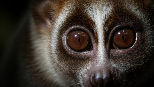 Intense close-up portrait of loris eyes and fur in darkness