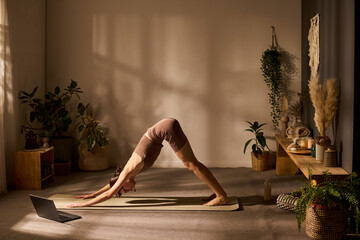 Caucasian young adult woman practicing yoga in downward dog pose on mat indoors, following online...