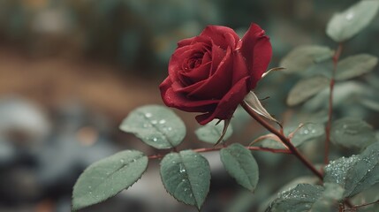 A single deep red rose adorned with fresh water droplets on its petals and leaves with a thorny stem set against a blurred natural background