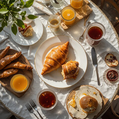 Overhead Breakfast Table with Croissants and Orange Juice &ndash; Cozy Morning Lifestyle