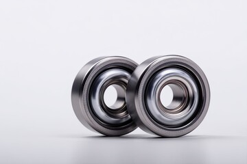 Two Metal Ball Bearings on White Background Industrial Mechanical Components