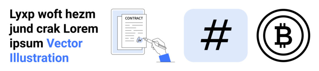 Obraz premium Contract being signed with pen, metadata tag symbol, and Bitcoin icon, blending traditional and modern technology. Ideal for digital contracts, finance, blockchain, social media, business strategy