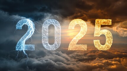 Lightning Electric Numbers 2025 in Stormy Sky with Dark Clouds and Sunset