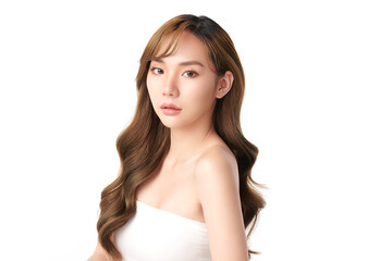 A beautiful young Asian woman with clean, fresh skin against a white background. Skincare, facial treatment, cosmetology, beauty, and spa. An elegant portrait of an Asian woman.