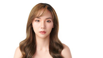 A beautiful young Asian woman with clean, fresh skin against a white background. Skincare, facial treatment, cosmetology, beauty, and spa. An elegant portrait of an Asian woman.