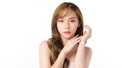 A beautiful young Asian woman with clean, fresh skin against a white background. Skincare, facial treatment, cosmetology, beauty, and spa. An elegant portrait of an Asian woman.