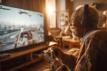 senior cheerful black skinned man playing racing video game on console at home