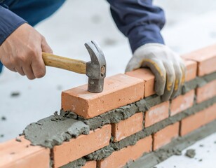 レンガ積み作業のクローズアップ