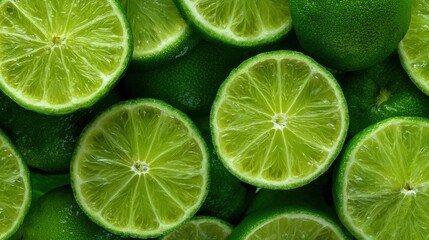 Close up of lime slices with the green skin showing. The lime slices are arranged in a way that they are overlapping each other