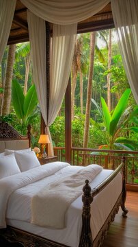 Luxurious jungle bedroom with wooden four-poster bed and white linens, surrounded by lush greenery through large windows at a tropical resort