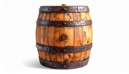 Fototapeta premium Rustic wooden barrel with aged metal bands, cylindrical shape and bulging center, natural wood grain and knots visible, evokes traditional storage for wine, whiskey, or spirits in vintage setting.