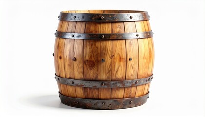 Obraz premium Rustic wooden barrel with aged metal bands, cylindrical shape and bulging center, natural wood grain and knots visible, evokes traditional storage for wine, whiskey, or spirits in vintage setting.