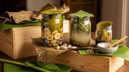 Rustic fermentation setup with banana leaves, glass jars, and organic ingredients on wooden box