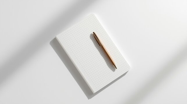 A gold pen on a minimalist white notebook with subtle grid pattern on a clean white background with soft shadows