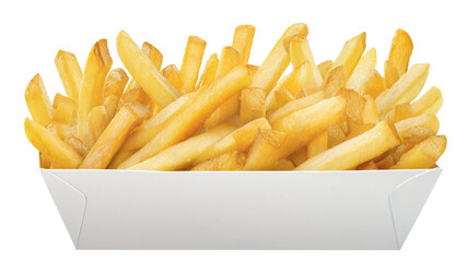french fries in white container on white background.