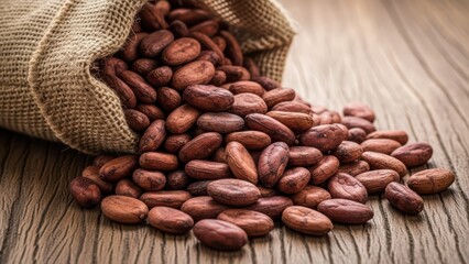 Hessian sack of raw cocoa beans spilling onto wooden surface in rustic setting for chocolate production concept