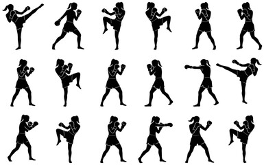 Fototapeta premium Martial arts silhouettes showing female fighters performing kicks, punches, and fighting stances during training practice.