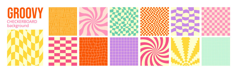 Checker Grid Pattern Kit. Groovy Y2k Checkerboard Background. Retro Square Funky Design Bg Set. Psychedelic Wavy Checkered Pattern Bundle. Modern Print for Fabric, Wallpaper. Y2K Wavy Texture Backdrop