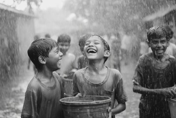 장마 속 순수한 웃음, 물장난치는 아이들