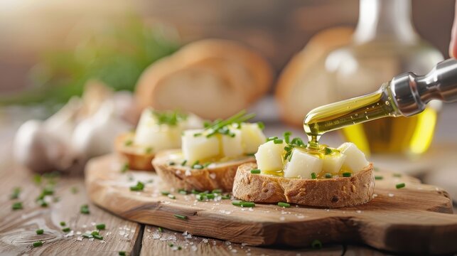Potato jam spread on warm toasted bread, with a sprinkle of chives and a drizzle of olive oil around.