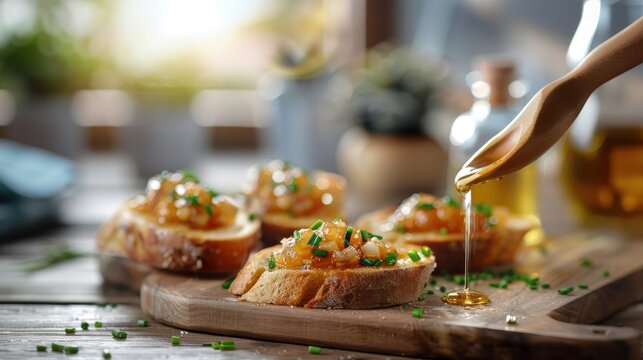 Garlic jam spread on warm toasted bread, with a sprinkle of chives and a drizzle of olive oil around.