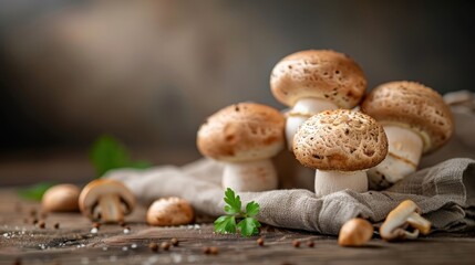 Artistic arrangement of cremini mushrooms at different stages, with a dark background highlighting textures.