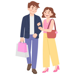 Illustration of Couple Walking with Shopping Bags