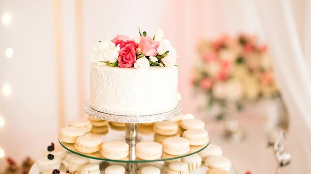 A tiered dessert display showcases a flower-topped cake and various pastries, macaroons, and mini-cupcakes