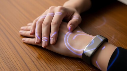 Futuristic Smartwatch Technology Projecting Holographic Interface on Hand.
