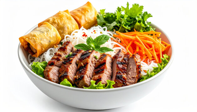 Vietnamese Grilled Pork Vermicelli (B&uacute;n Thịt Nướng) on White Background